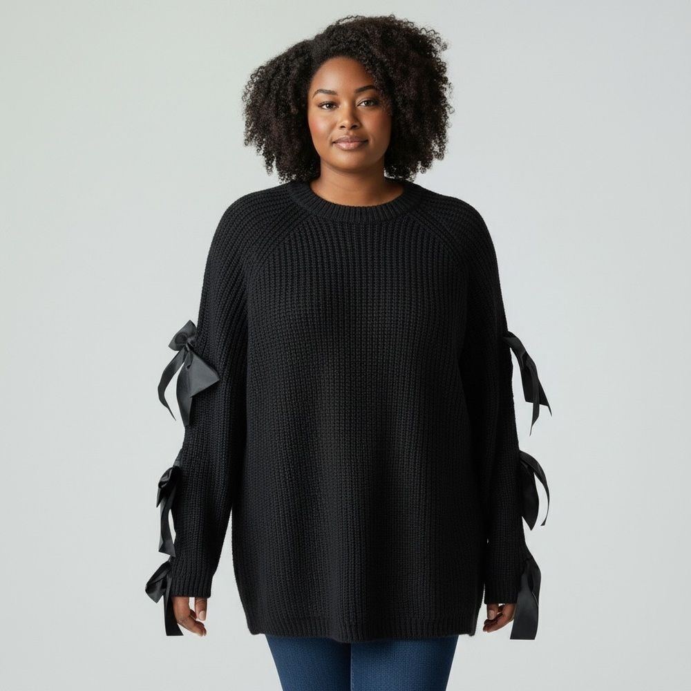 NWOT SHEIN Solid Black Crew Neck Sweater with Ribbon Open Sleeves size 3 XL
